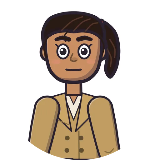 Anna, a cartoon woman with a dark ponytail and a khaki trench coat