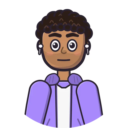 Ben, a cartoon young man with curly hair and a lavender jacket