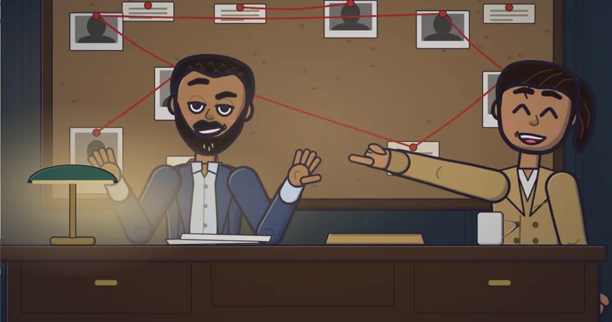 Cartoon Sam at a case desk under a pinboard of photos joined by red string, with Anna laughing and pointing beside him.