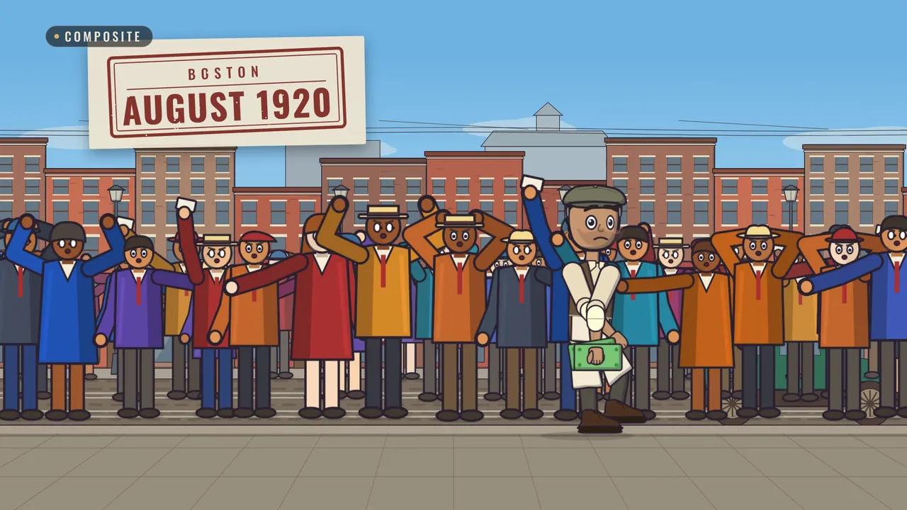 Cartoon still from Case #1: a fruit seller, labelled COMPOSITE, stands in a crowd on a Boston street under a stamp that reads Boston, August 1920.