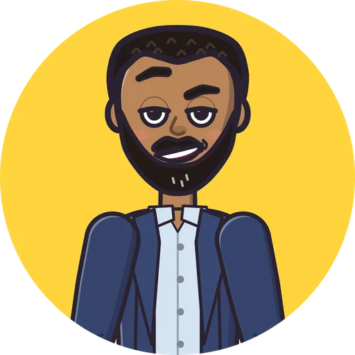 Sam, a cartoon man with a dark beard, navy blazer and light blue shirt