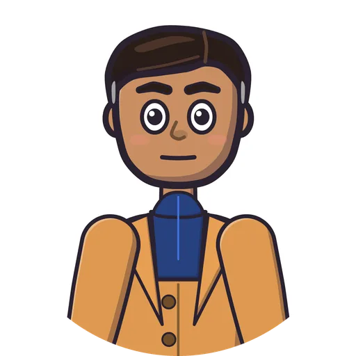 Tom, a cartoon man with short dark hair and a camel coat