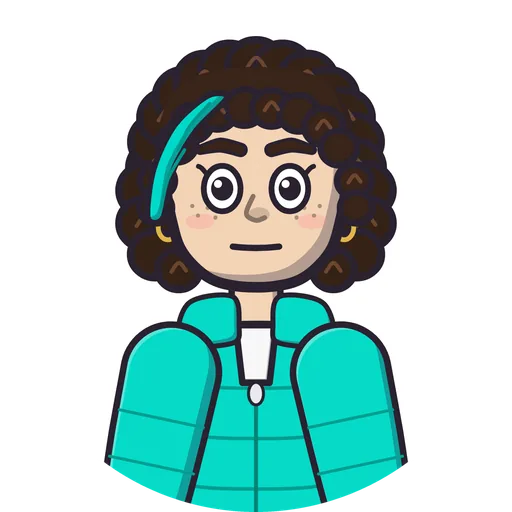 Zoe, a cartoon young woman with curly hair and a teal jacket
